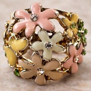 Flower Child Enamel Dome Ring dimensional Open Crystal Accents Floral Statemen